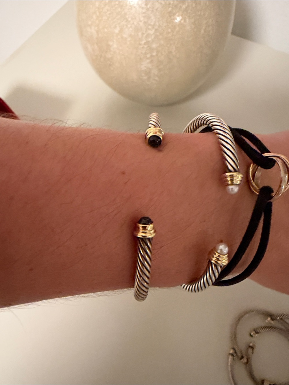 David Yurman Two-Tone Cable Cuff Bracelet with Black Stone Tips